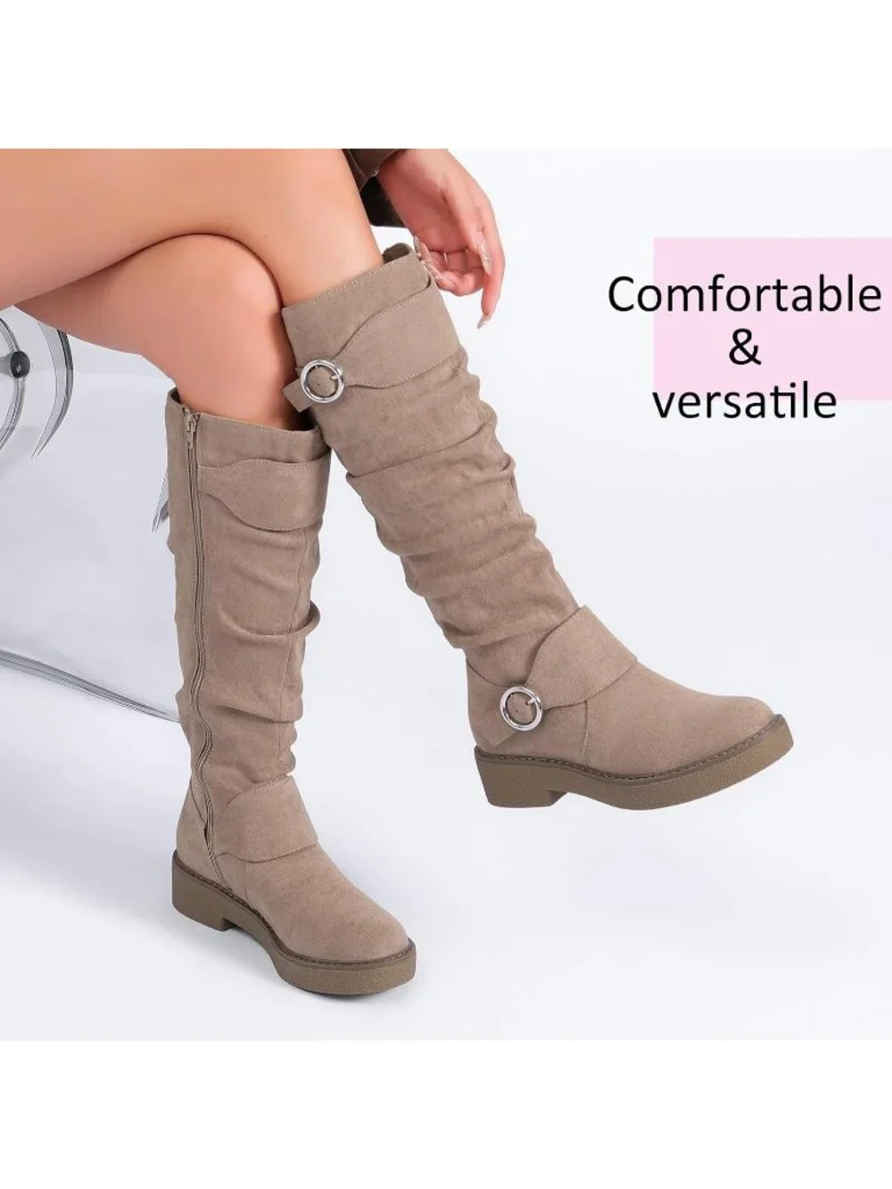 Women's Beige Platform Slouchy Side Zipper Comfort Round Toe Knee High Boots